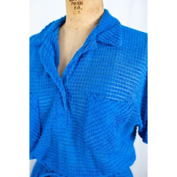 Vintage 70s Royal Blue Terry Cloth Textured Midi Dress, Indie Mod Retro, Small - Picture 4 of 10